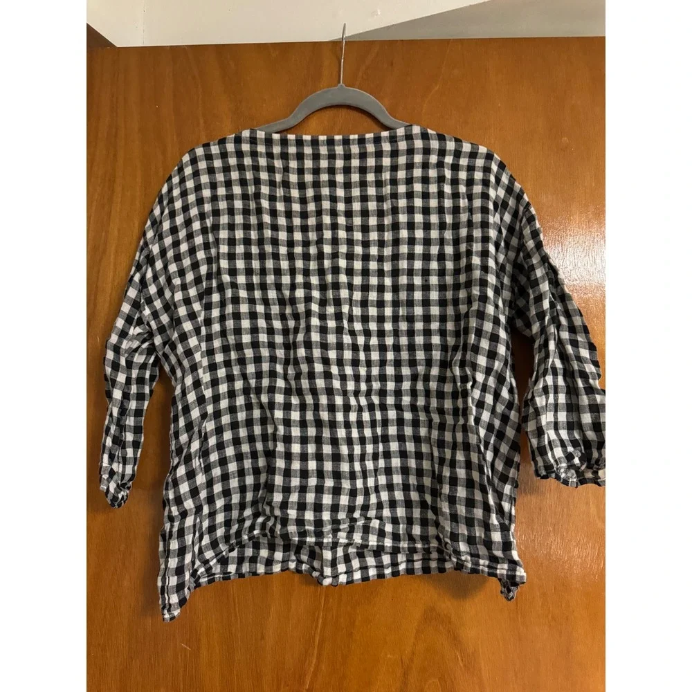 NOT FOR SALE Eileen Fisher Organic Linen Gingham Check Top Black White Womens M - Picture 5 of 5